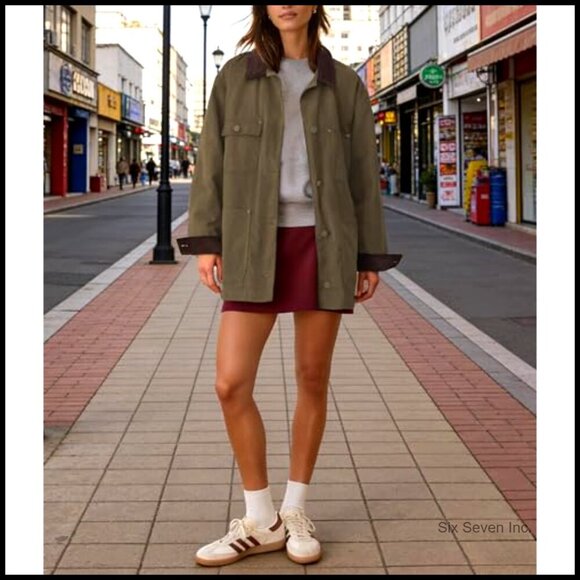 Oversized Utility Cotton Coat Corduroy Collar Vintage Workwear with Pockets - Picture 5 of 7